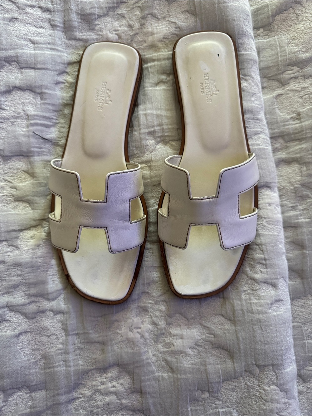 Hermes White Oran Slide Sandals